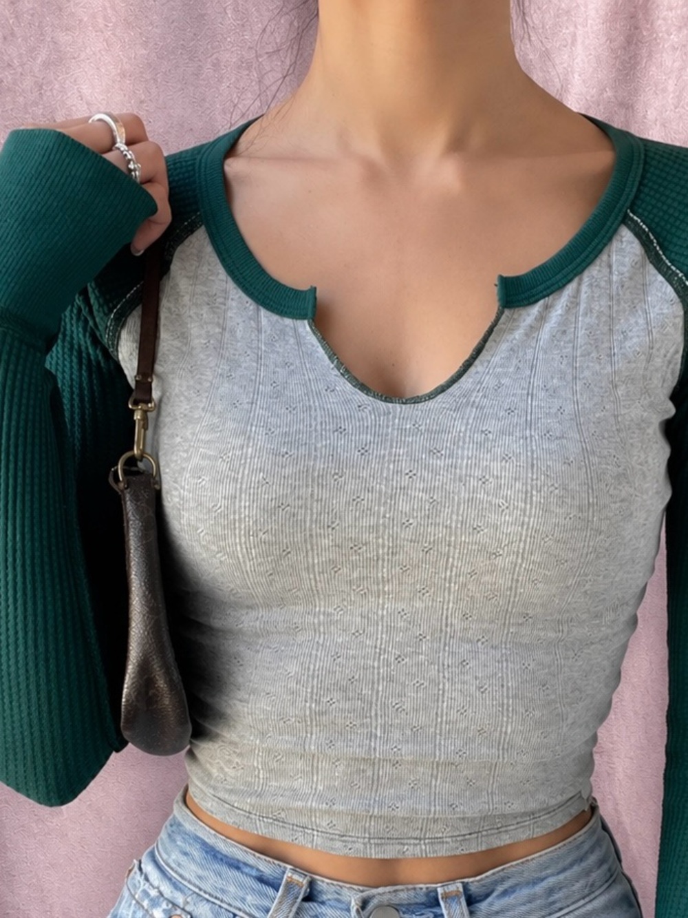BDG Urban Outfitters Pointelle Thermal Colorblock Crop Top XS